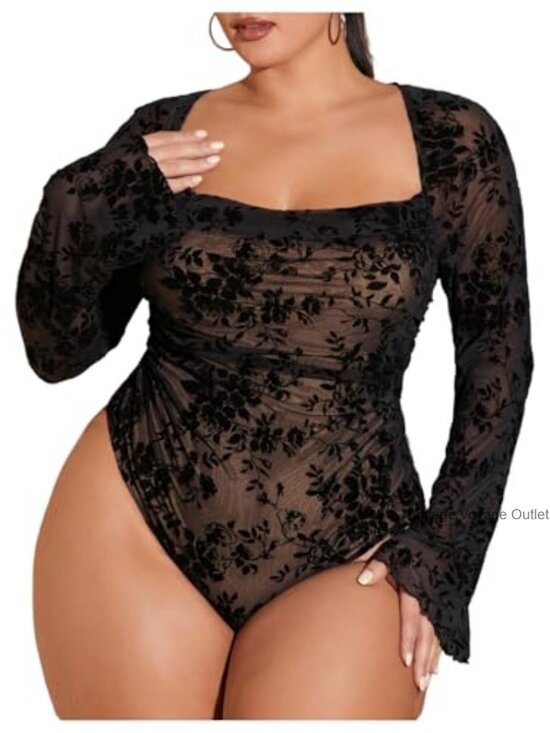 Other - Plus Size Floral Mesh Bodysuit Long Bell Sleeve Square Neck